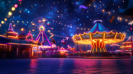 Vintage carnival under a glittering sky full of stars with colorful rides and dreamy lights creating a whimsical and nostalgic atmosphere for a fun and magical. Dreamy Illumination. Illustration