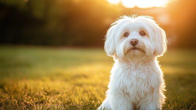 Coton de Tulear dog enjoys a warm sunset in a grassy field surrounded by soft colors and natural light