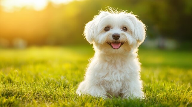 Coton de Tulear dog enjoys a sunny day in a vibrant grassy field with natural lighting, capturing the joy of outdoor play