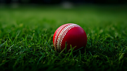 Vivid Red Cricket Ball On Lush Green Grass Field Close-Up Under Sunlight Ready For Play