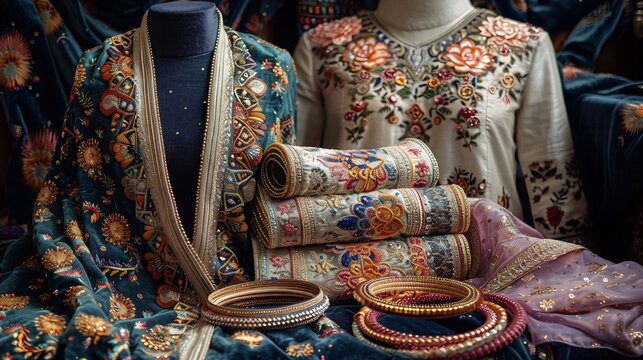Luxurious Eid outfit display in a boutique featuring intricate handwoven shawls embroidered kurtas and sparkling bangles on rich velvet fabric