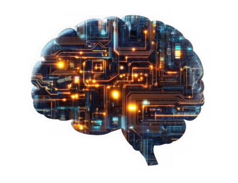 Futuristic electronic brain with glowing circuits, isolated on transparent cutout background
