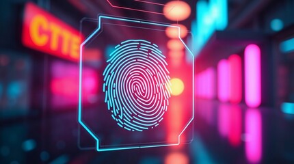 Futuristic digital fingerprint scanner with biometric authentication technology in a neon cyberpunk environment