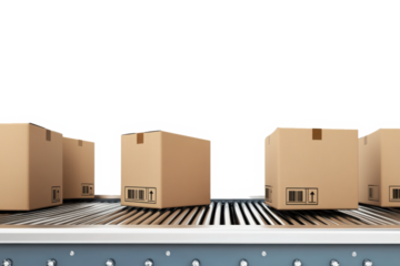 Cardboard boxes moving on conveyor belt in distribution warehouse
