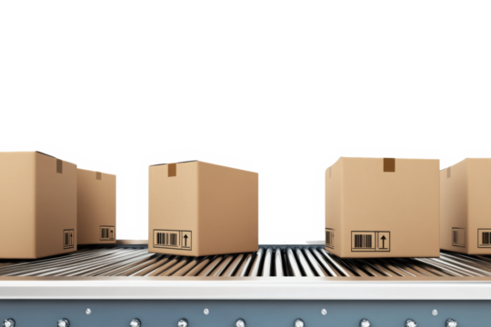 Cardboard boxes moving on conveyor belt in distribution warehouse
 - Powered by Adobe