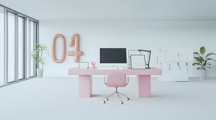 Modern Minimalist Pink And White Home Office Interior Design With Desk Computer And Decorative Balloons Number Four 3D Rendering
