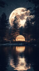 Fototapeta premium A luminous full moon shining above a forest and water