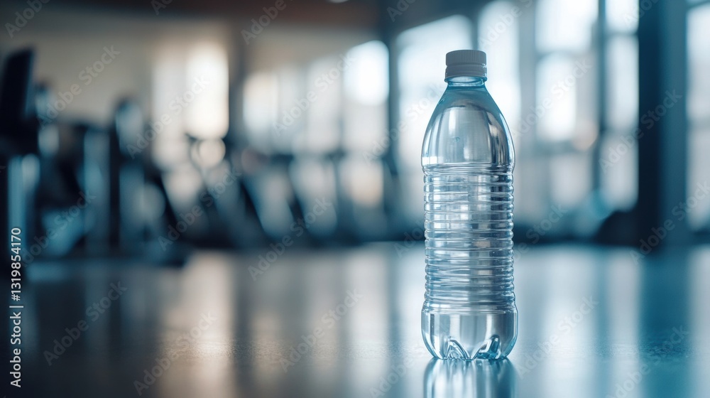 Poster minimalist transparent water bottle positioned in a gym setting for hydration during workouts or fit