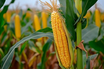 Corn plants stand tall in a lush green field, showcasing plump, yellow ears ready for harvest under bright summer skies. The agricultural landscape is vibrant and healthy