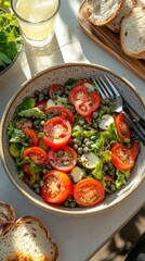 A delightful salad featuring fresh greens, ripe tomatoes, and capers is showcased in a rustic bowl under warm sunlight. Surrounding bread adds to the inviting atmosphere