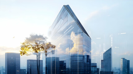 Modern City Double Exposure With Glass Skyscrapers Green Tree And Bright Sky Reflecting Urban Growth And Sustainability