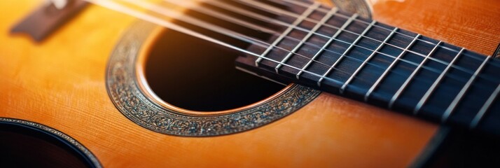 Fototapeta premium Close-up View of an Acoustic Guitar's Neck and Soundhole, Exquisite Detail in Wood Grain and Inlaid Ornamentation