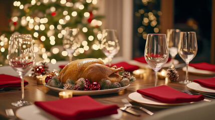 Fototapeta premium Festive christmas dinner table with roast turkey and holiday decorations