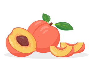 Fresh peach fruit, half and pieces. Whole and peaches parts Organic fruit healthy food. Vector icon illustration isolated on white background.