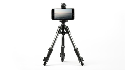 A photo of a camera tripod with a phone