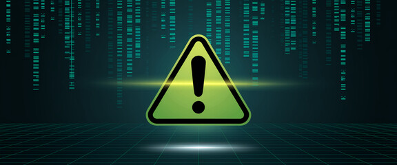 Green warning triangle on dark grid background, symbolizing alert, caution, or data security risk, suitable for technology or cybersecurity concepts