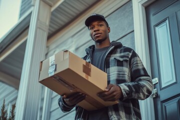 Fototapeta premium Diverse Young Man Delivering Food Contactlessly to Doorstep in Gig Economy Setting