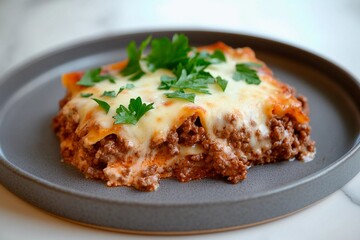 A hearty serving of homemade lasagna, rich with layers of pasta, meat, and cheese, garnished with fresh parsley, is placed on a dark plate in a warm kitchen environment