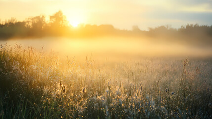Peaceful prairie scene at sunrise, with dew-covered grasses glistening in the early morning light,. Glistening Fog. Illustration