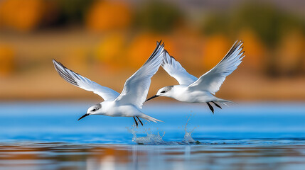 Obraz premium Terns Dive Into Water While Hunting in a Serene Lake During Autumn