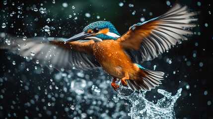 Fototapeta premium Kingfisher Diving Into Water Creating Splashes in a Vibrant Natural Setting