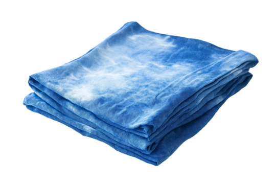 Hand-dyed Shibori tablecloth in indigo blue isolated on transparent white background