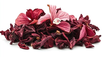 Organic Dried Hibiscus Flowers on White Background - Perfect for Herbal Tea and Refreshing Drinks