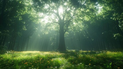 Obraz premium Sunbeams illuminate a lush forest clearing, wildflowers carpet the ground around a majestic tree. Perfect for illustrating tranquility, nature, or fantasy themes.