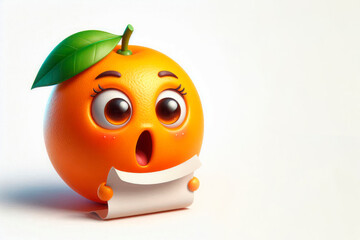 An orange with a surprised expression and a sheet of paper. Space for text.