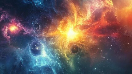 Colorful cosmic nebula with planets