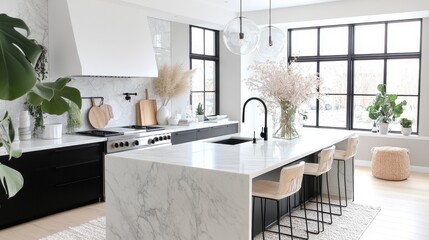 Beautiful open concept kitchen featuring waterfall edge marble countertop and modern design elements