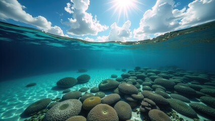 Sunlight illuminating a coral reef canyon affected by coral bleaching	