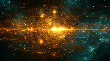 Fototapeta premium A futuristic sacred geometry pattern blending golden ratio elements with celestial light, symbolizing universal connection.