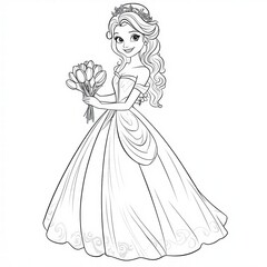 Fototapeta premium Elegance and Grace: A beautifully illustrated princess, holding a bouquet of tulips, ready to be colored in.