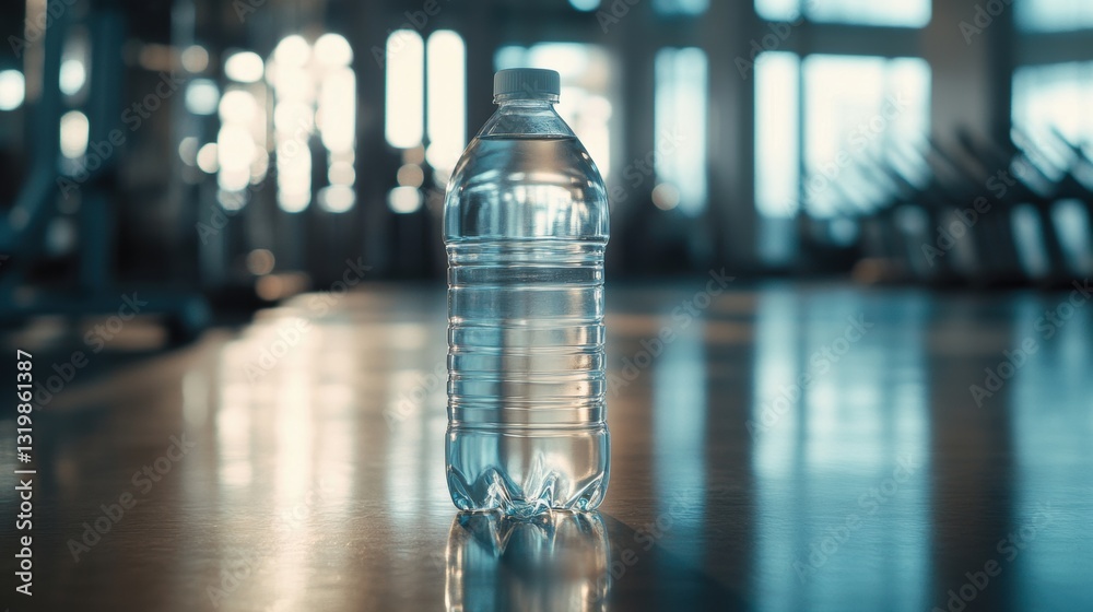 Poster minimalist transparent water bottle on a wooden surface with a blurred gym background emphasizing he