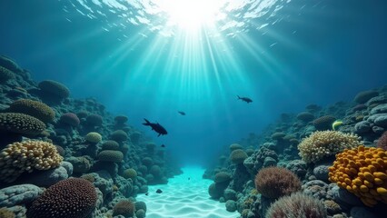 Fototapeta premium Sunlight illuminating a coral reef canyon affected by coral bleaching 