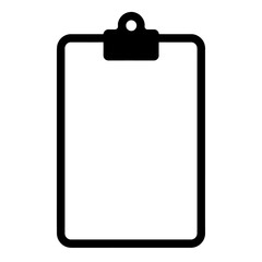 Minimalist open vector clipboard icon with clip, black outline on plain white background. Symbolizes note-taking, documents, tasks. Clean design for digital apps or branding.