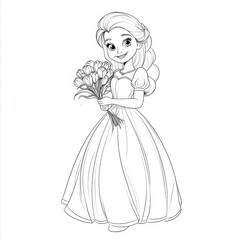 Enchanting Princess with Bouquet: A charming cartoon princess in a flowing gown cradles a beautiful bouquet, radiating grace and joy in this delightful illustration.