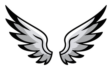 Symmetrical black-and-white wings vector illustration with curved edges and pointed tips. Thin feather lines on a clean white background highlight aerodynamic design for minimalist or symbolic themes.