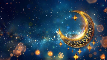 Fototapeta premium Modern Ramadan banner design featuring a golden crescent moon intricate Arabic calligraphy and glowing lanterns against a deep blue abstract background perfect for digital wallpapers and social media