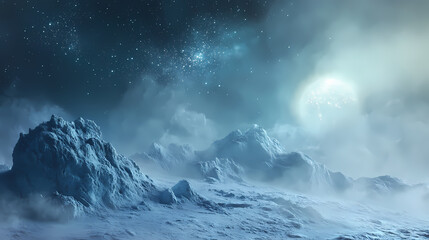 Aqua blue fog rolling over a glittering asteroid, sparkling, rocks, fog. Glistening Fog. Illustration