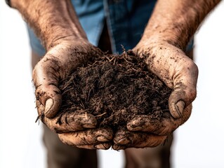 Farmers hands holding rich soil in natural light