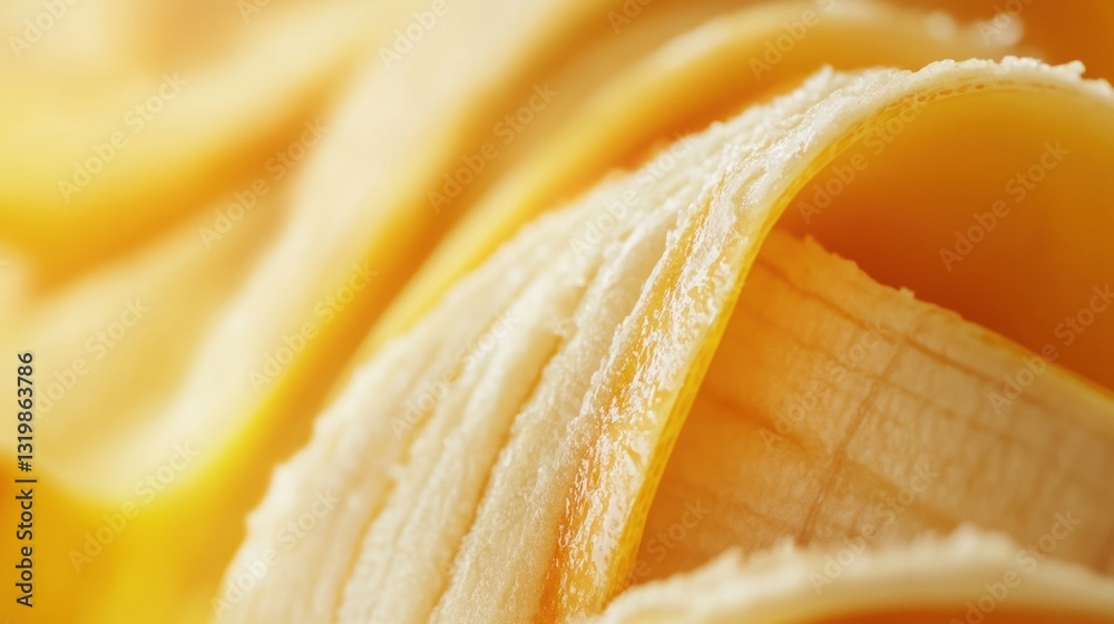 Fototapete Macro shot of sliced banana halves showcasing texture and colors with a blurred background