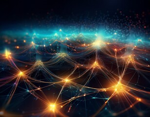 abstract network of lights and nodes with depth and glow in the dark