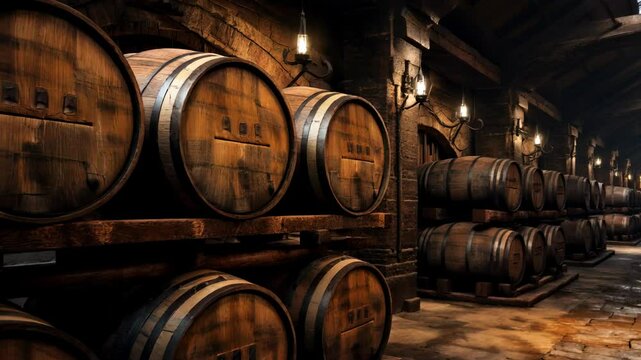 Old wine cellar of winery with wooden barrels, vintage casks in dark storage or warehouse, concept of vineyard, viticulture. 