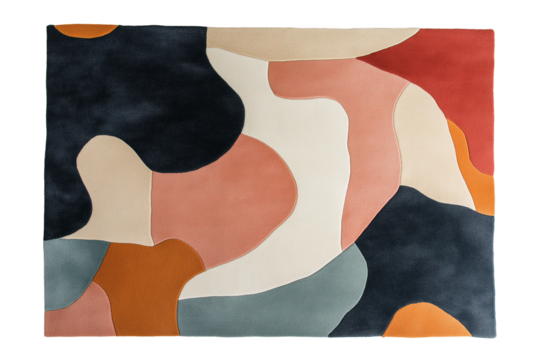 Hand-tufted wool rug with abstract shapes isolated on transparent white background