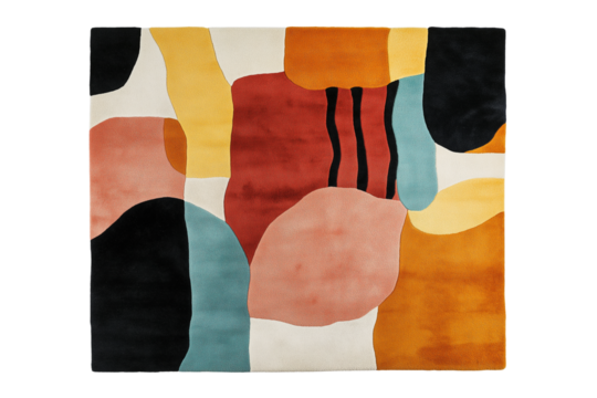 Hand-tufted wool rug with abstract shapes isolated on transparent white background - Powered by Adobe