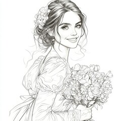 Fototapeta premium Delicate Bride's Sketch: A beautifully illustrated bride, adorned with flowers in her hair and a stunning bouquet, Coloring page