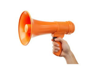 Hand holding a megaphone isolated on a transparent background for a bold and communicative design element