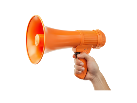 Hand holding a megaphone isolated on a transparent background for a bold and communicative design element